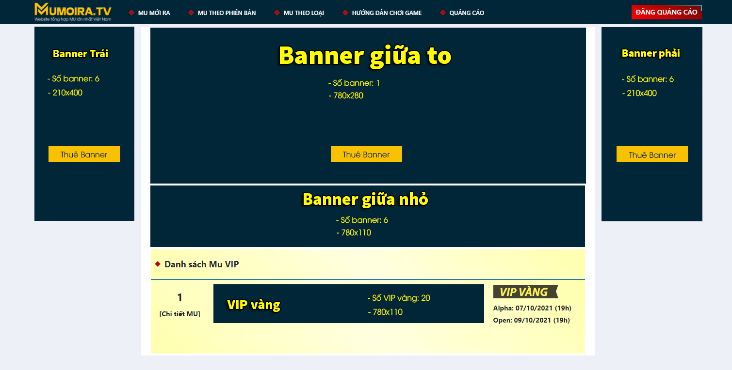 Các vị trí quảng cáo tại website mumoira.tv