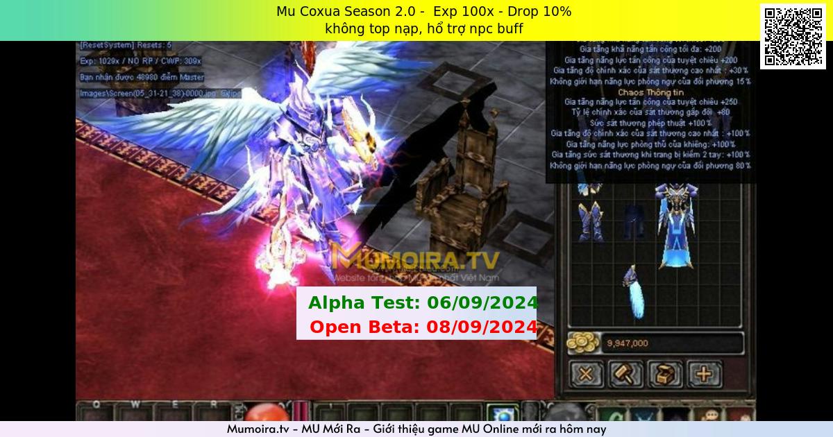 Mu Mới ra,Mu Coxua Season 2.0 - Season 2 - Exp: 100x - Drop: 10% - không top nạp, hổ trợ npc buff